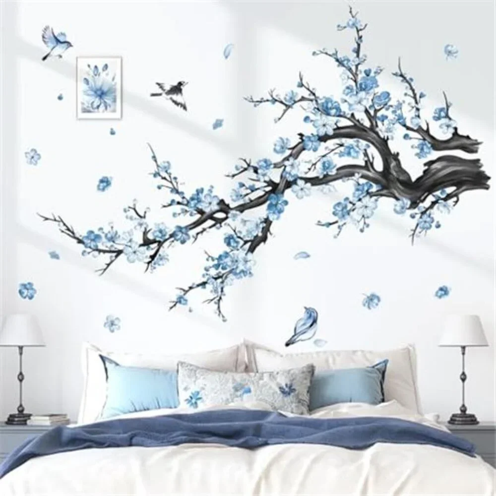 Blue Flower Wall Decals Watercolor Floral Tree Branch Stickers Bedroom Living